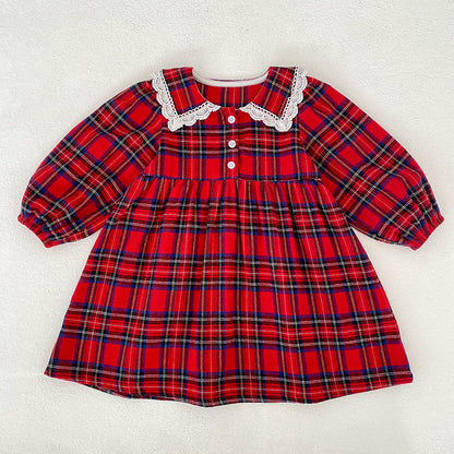 Autumn Baby Girls Plaid Pattern Long-sleeved Turn-down Collar Onesies and Dress – Princess Sister Matching Set
