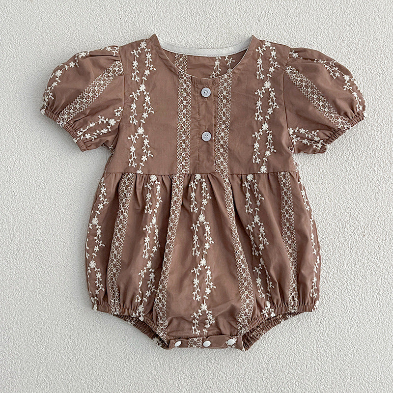 Summer New Arrival Baby Girls Short Sleeves Crew Neck Simple Lace Embroidery Onesies