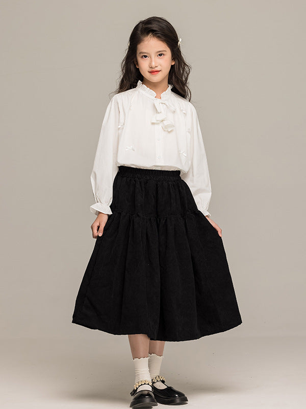 Arrival Autumn Kids Girls Long Sleeves Solid Color Butterfly-bow Pattern Stand Collar Shirt