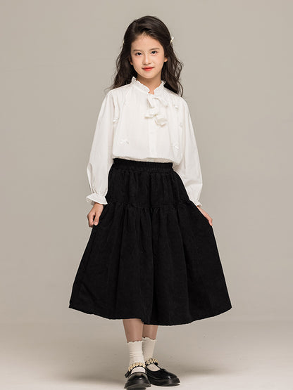Arrival Autumn Kids Girls Long Sleeves Solid Color Butterfly-bow Pattern Stand Collar Shirt