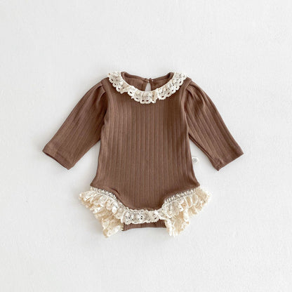 Autumn Arrival Baby Girls Long Sleeves Striped Pattern Hollow-out Collar Onesies, MyKids-USA®, Baby One-Pieces, MyKids-USA - Size/Age - 66 (3-6M) - Color - Coffee -  -  - TR2509132337-B