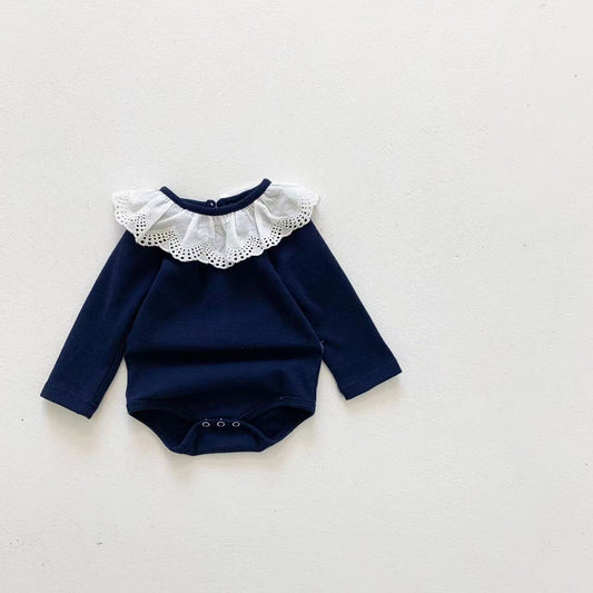 Baby Girl Mesh Ruffle Neck Design Solid Color Long Sleeved bodysuit, MyKids-USA®, Baby One-Pieces, MyKids-USA - Size/Age - 66 (3-6M) - Color - Black -  -  - JM2206022200-A.