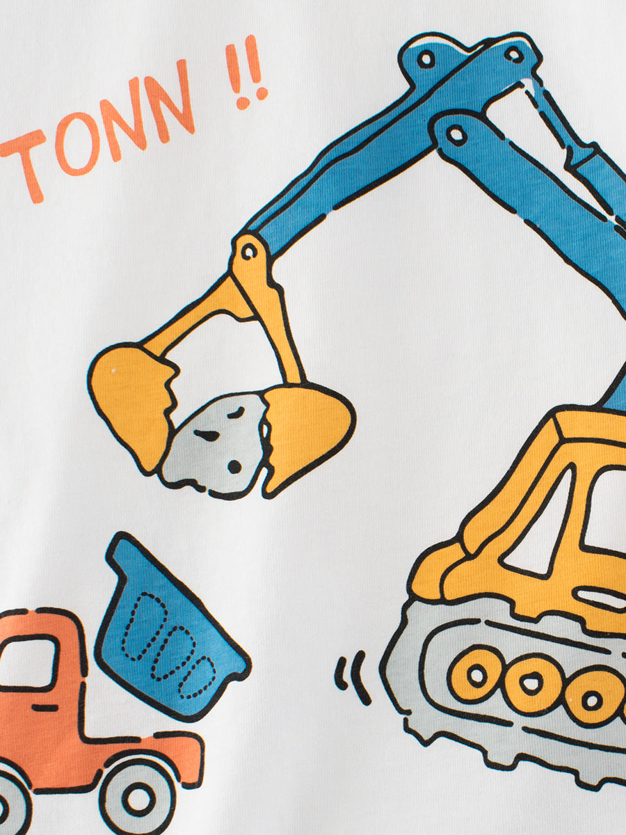 Boys’ Cartoon Excavator And Truck Print T-Shirt In European And American Style, MyKids-USA®, Baby & Toddler Tops, MyKids-USA -  -  -  -  -  -  - 