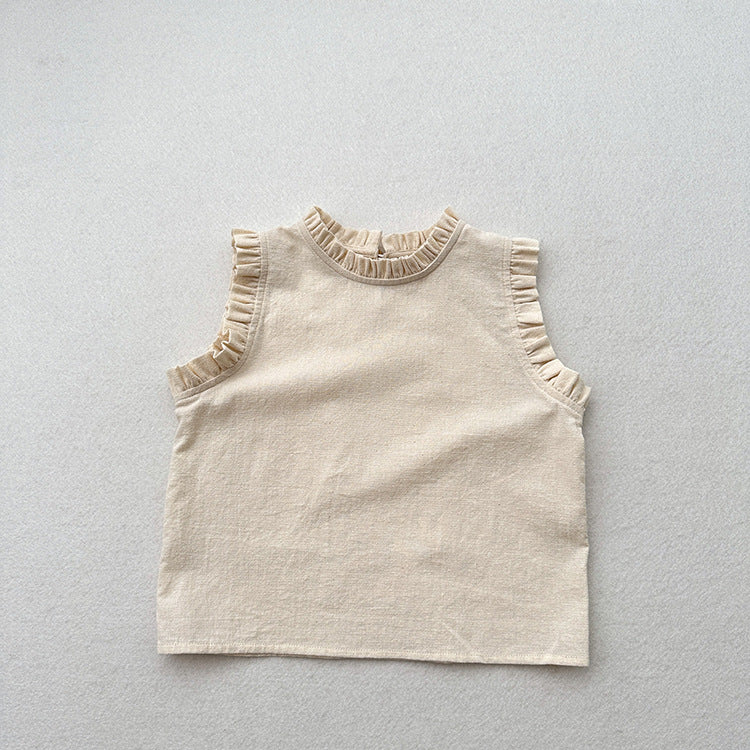 Arrival Kids Girls Ruffle Neck Sleeveless Thin Top Vest, MyKids-USA®, Baby & Toddler Tops, MyKids-USA - Size/Age - 80 (9-12M) - Color - Beige -  -  - TR2404131215-B.