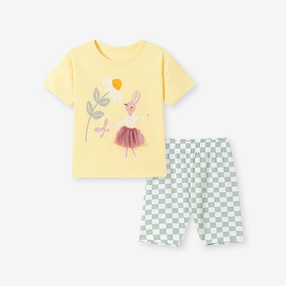 Summer Hot Selling Baby Kids Girls Short Sleeves Cartoon Pattern T-shirt and Plaid Shorts Clothing Set