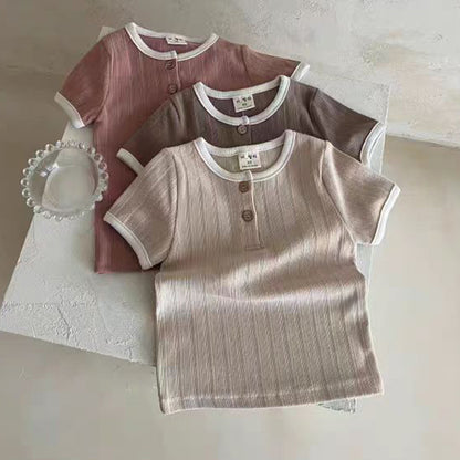 Summer New Arrival Baby Unisex Crew Neck Short Sleeves Simple Elastic Double-Button Top T-Shirt