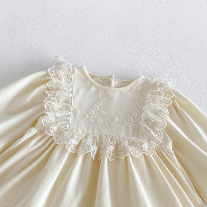 MyKids-USA® Baby Girls Long Sleeves Solid Color Lace Trim Bodysuit Dress