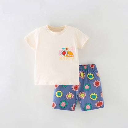 Baby And Kids Boys And Girls Cartoon Short Sleeves Top And Shorts Casual Clothing Set