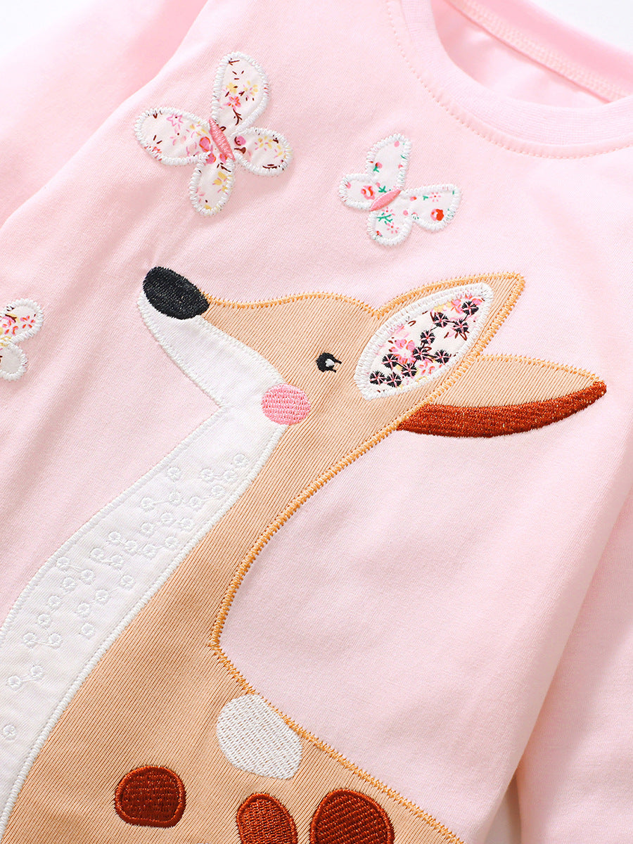 Baby Girls Kids Deer Cartoon Embroidery Long Sleeve Top Pullover