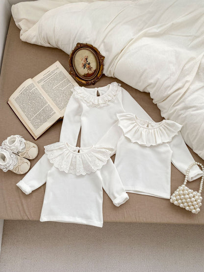Spring Collection: Baby Girls’ Long Sleeve Doll Collar Base Shirt With 3 Kinds Of Lace Trim