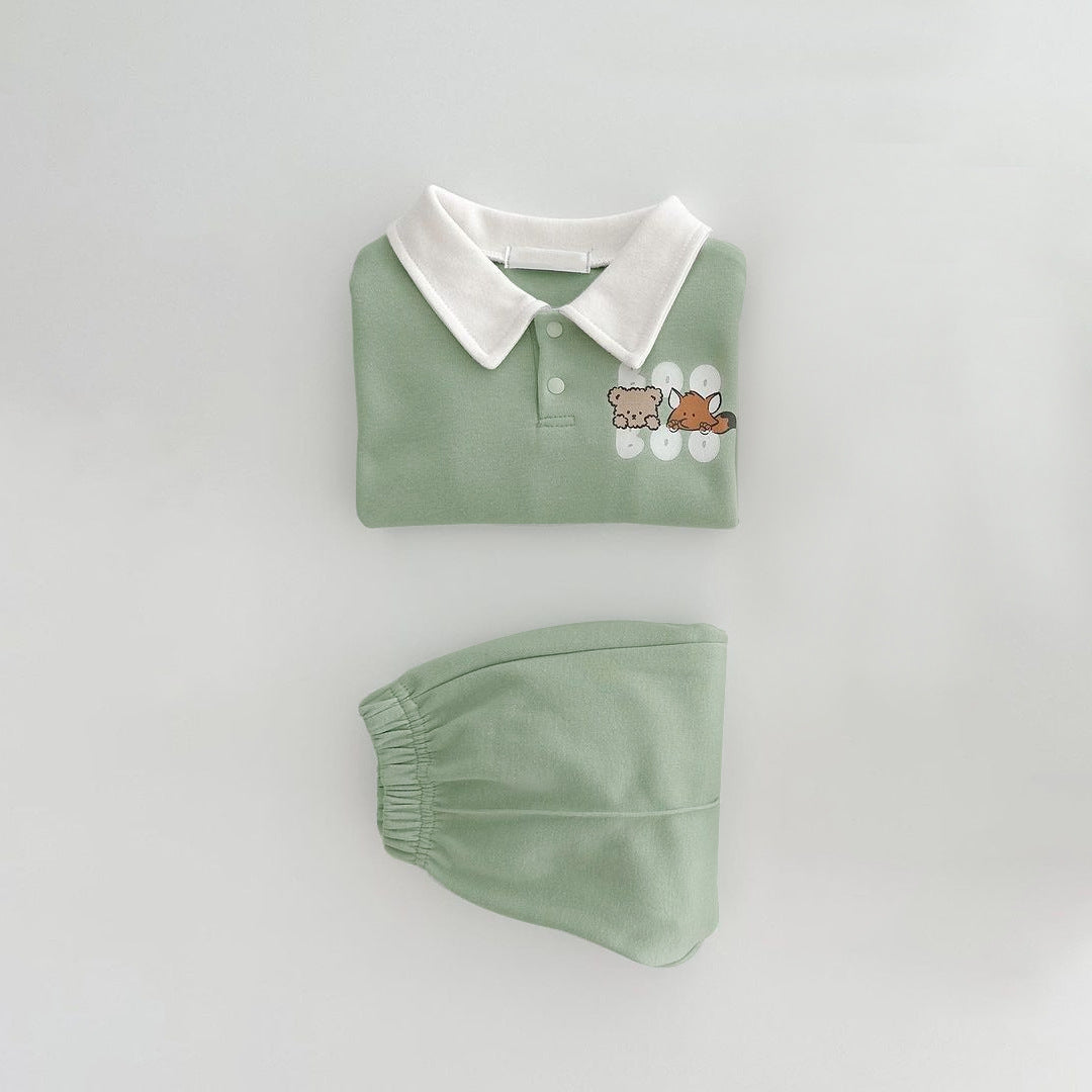 MyKids-USA® Autumn Baby Unisex Long Sleeves Cartoon Polo Sweatshirt and Plain Pants Clothing Set