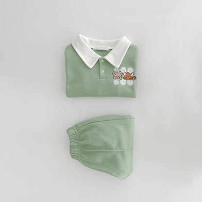 MyKids-USA® Autumn Baby Unisex Long Sleeves Cartoon Polo Sweatshirt and Plain Pants Clothing Set
