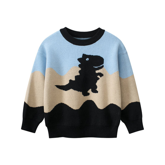 Baby Boy Kids Dinosaur Pattern Crew Neck Long Sleeves Color Patchwork Knitwear Pullover, MyKids-USA®, Baby & Toddler Outerwear, MyKids-USA - Size/Age - 90 (12-24M) - Color - Blue -  -  - TR2403242313-A.