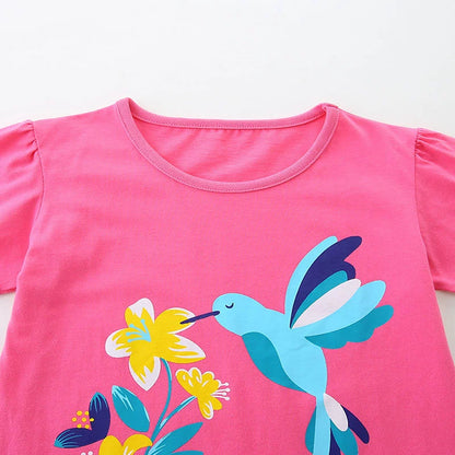 Summer Girls’ Flowers and Bird Cartoon Pattern T-shirt in European and American Style, MyKids-USA®, Baby & Toddler Tops, MyKids-USA -  -  -  -  -  -  - 
