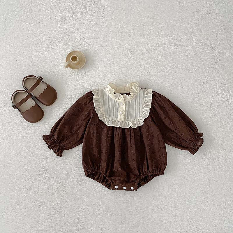 Spring/Autumn Baby Girls Simple Long Sleeves Ruffle Neck Floral Embroidery Hollow Out Onesies, MyKids-USA®, Baby One-Pieces, MyKids-USA - Size/Age - 66 (3-6M) - Color - Coffee -  -  - TR2404102329-B