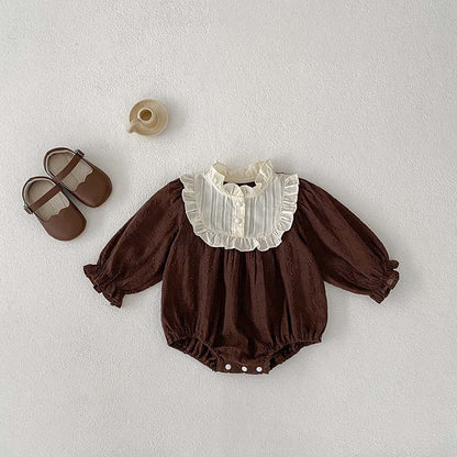 Spring/Autumn Baby Girls Simple Long Sleeves Ruffle Neck Floral Embroidery Hollow Out Onesies, MyKids-USA®, Baby One-Pieces, MyKids-USA - Size/Age - 66 (3-6M) - Color - Coffee -  -  - TR2404102329-B