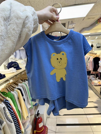 Summer Hot Selling Baby Kids Unisex Sleeveless Teddy Bear Printed T-shirt and Shorts Casual Clothing Set, MyKids-USA®, Baby & Toddler Outfits, MyKids-USA - Size/Age - 73 (6-9M) - Color - Blue -  -  - TR2505242053-B