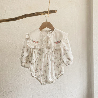 MyKids-USA® Autumn Baby Girls Floral Long-sleeved Onesies and Dress with Lace Capelet Shawl – Princess Sister Matching Set