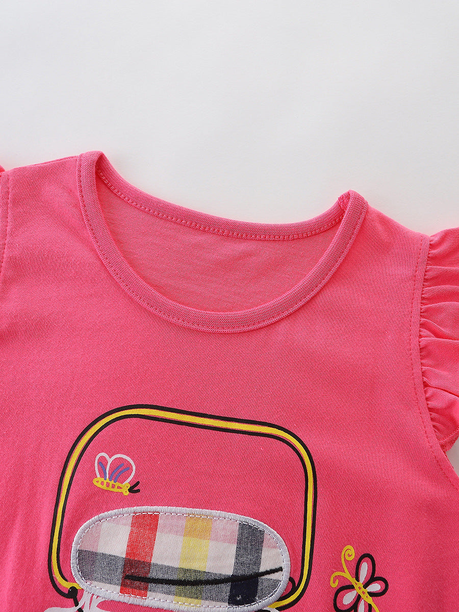 Arrival Summer Baby Kids Girls Fly Sleeves Cartoon Pattern T-shirt and Plaid Shorts Clothing Set