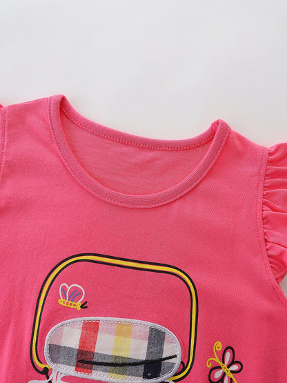 Arrival Summer Baby Kids Girls Fly Sleeves Cartoon Pattern T-shirt and Plaid Shorts Clothing Set
