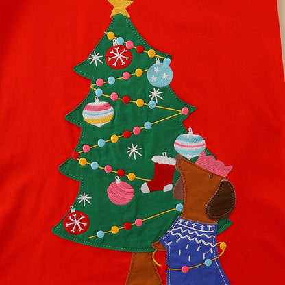 Girls’ European-American Style Christmas Tree Cartoon Pattern Striped Sleeves Dress