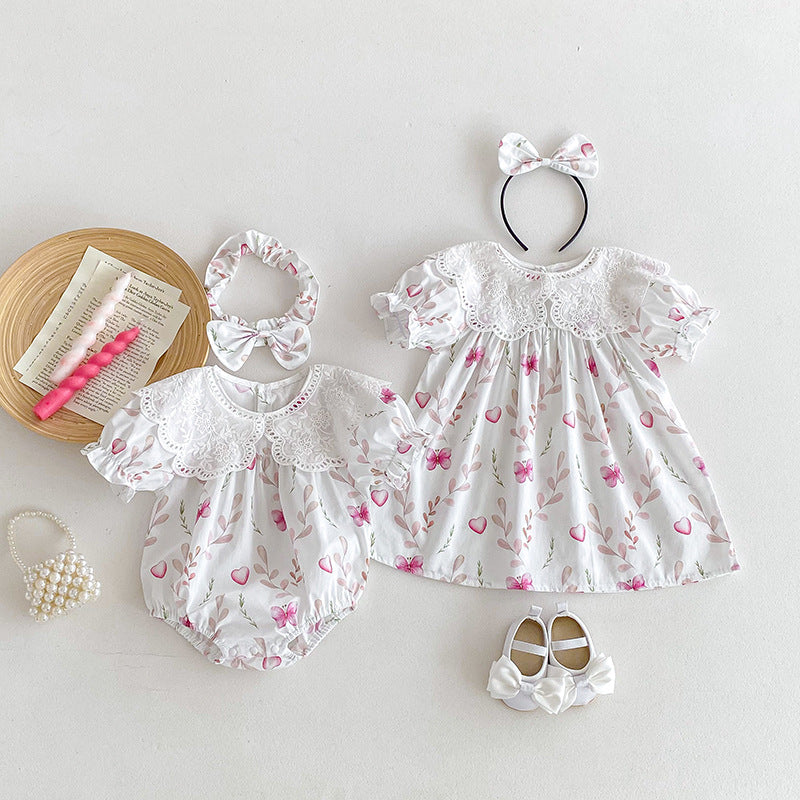 Summer Girls Flowers Pattern Short Sleeves Hollow Out Collar Onesies And Dress – Sister Matching Clothing Set, MyKids-USA®, Baby & Toddler Outfits, MyKids-USA -  -  -  -  -  -  - 
