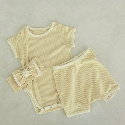 Baby Unisex Solid Color Comfy Cotton Onesies & Shorts Sets With Headband
