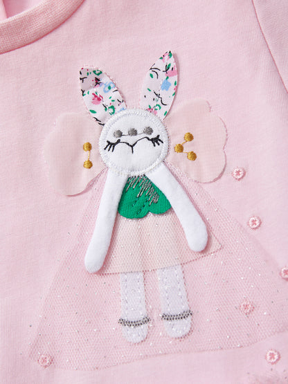 Spring And Summer Baby Girls Short Sleeves Rabbit Cartoon Chiffon Dress