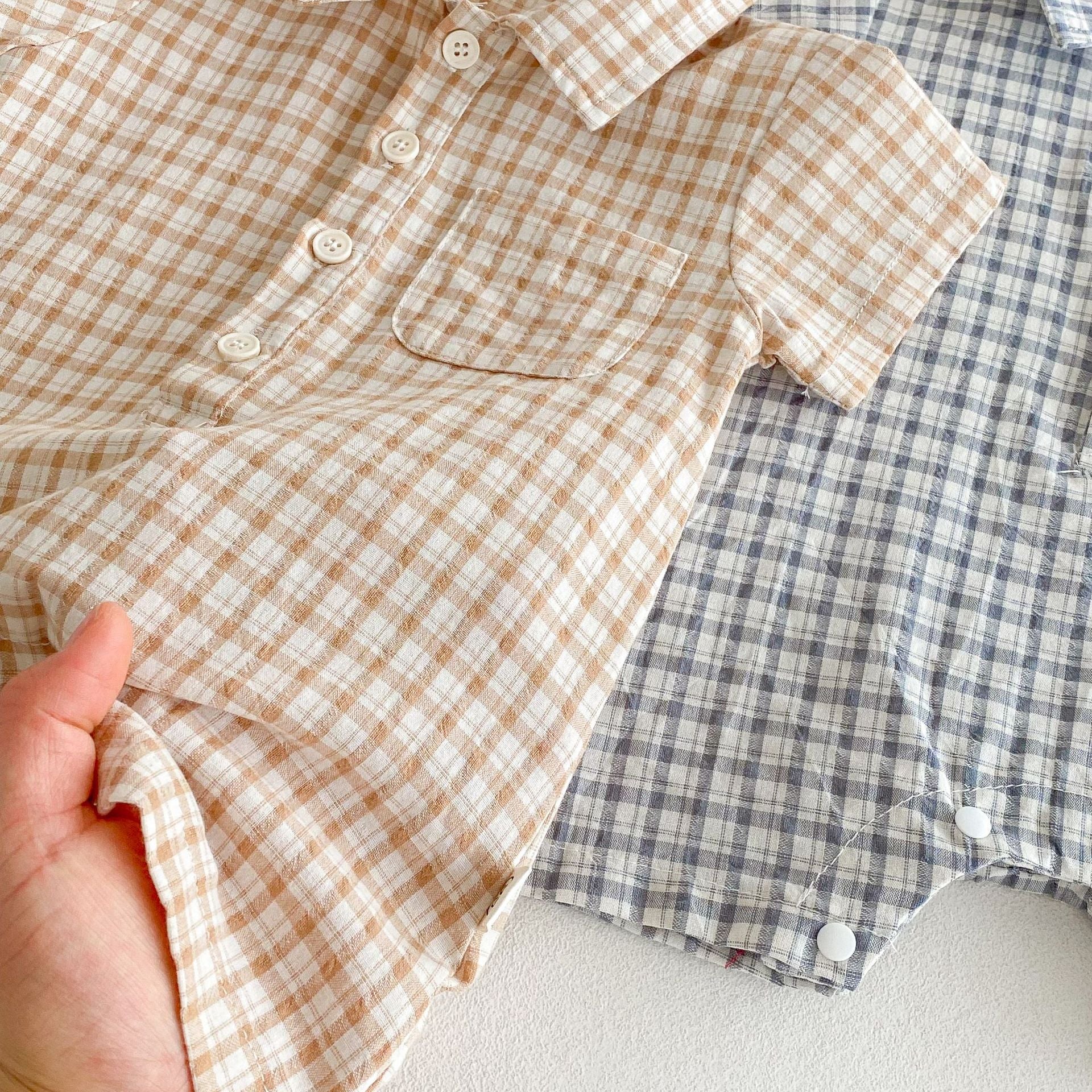 Summer Arrival Baby Unisex Plaid Short Sleeves Rompers with Turn-down Collar, MyKids-USA®, Baby One-Pieces, MyKids-USA -  -  -  -  -  -  - 