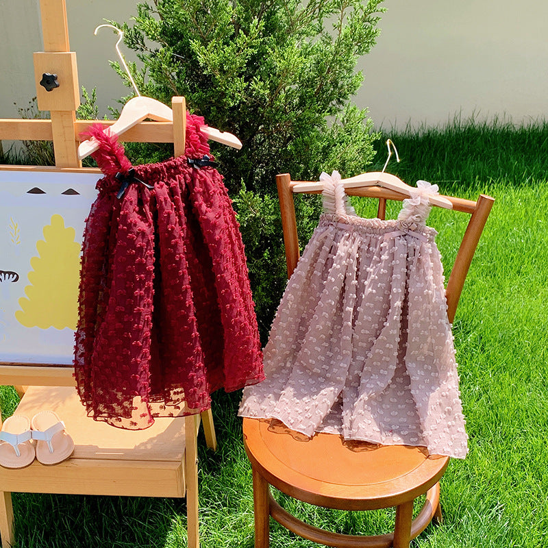 Summer Baby Kids Girls Sleeveless Solid Color 3D Butterfly Bows Design Mesh Design Strap Dress