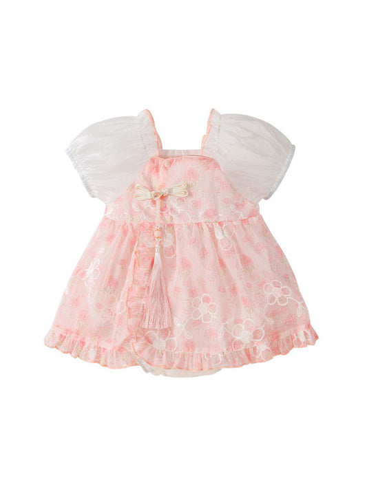 Summer Dress Design Baby Girls Pink Flowers Pattern And Embroidery Short Sleeves Square Neck Sweet Cute Onesies, MyKids-USA®, Baby & Toddler Dresses, MyKids-USA - Size/Age - 66 (3-6M) - Color - Pink -  -  - TR2406052226-A