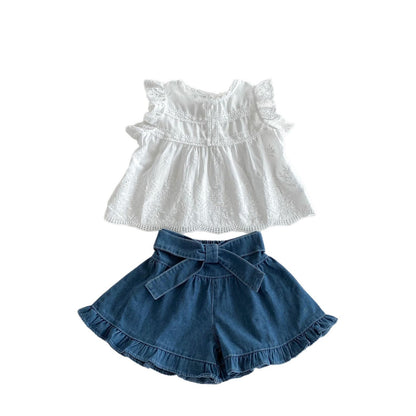Summer Hot Selling Baby Kids Girls Fly Sleeves Floral Pattern Top Vest and Denim Skirt Clothing Set, MyKids-USA®, Baby & Toddler Outfits, MyKids-USA -  -  -  -  -  -  - 