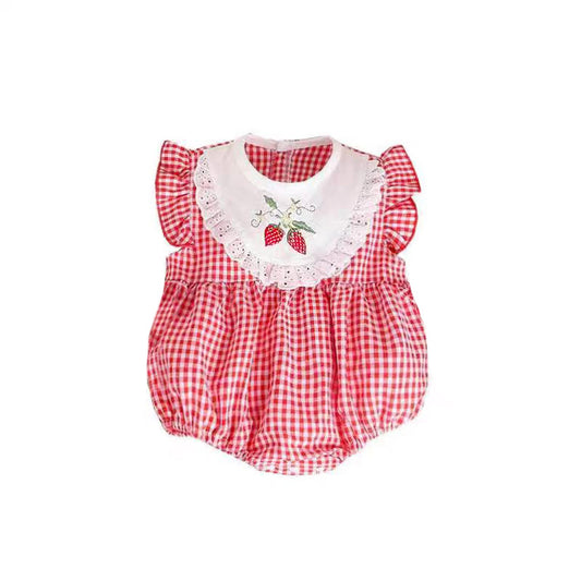 Summer Arrival Baby Cute Plaid Sleeveless Strawberry Embroidered bodysuit, MyKids-USA®, Baby One-Pieces, MyKids-USA -  -  -  -  -  -  - .