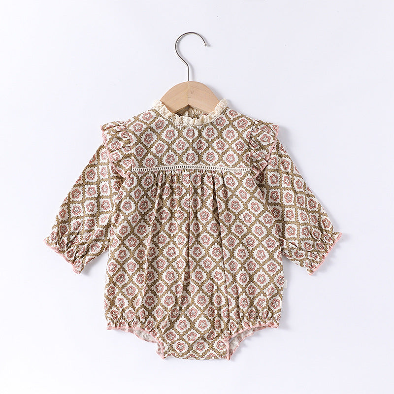 Spring Arrival Baby Girls Long Sleeves Vintage Floral Pattern Rompers and Onesies, MyKids-USA®, Baby One-Pieces, MyKids-USA - Size/Age - 66 (3-6M) - Color - Brown -  -  - TR2502282310-B