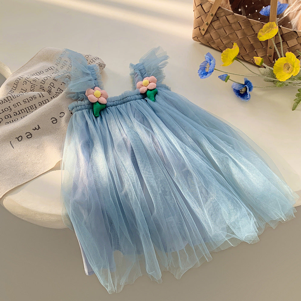 Summer Baby Kids Girls Fly Sleeves Flowers Pattern Tulle Strap Dress, MyKids-USA®, Baby & Children's Dresses, MyKids-USA - Size/Age - 80 (9-12M) - Color - Blue -  -  - TR2605202132-B.