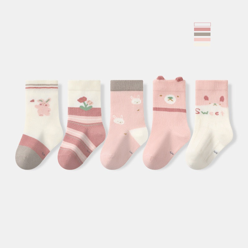 Autumn and Spring Baby Boys and Girls Cute Cartoon and Striped Pattern Socks 1 Lot=5-Pair Set, MyKids-USA®, Baby & Toddler Socks & Tights, MyKids-USA - Size/Age - S (0-1Y) - Color - Pink -  -  - TR2601241635-C.