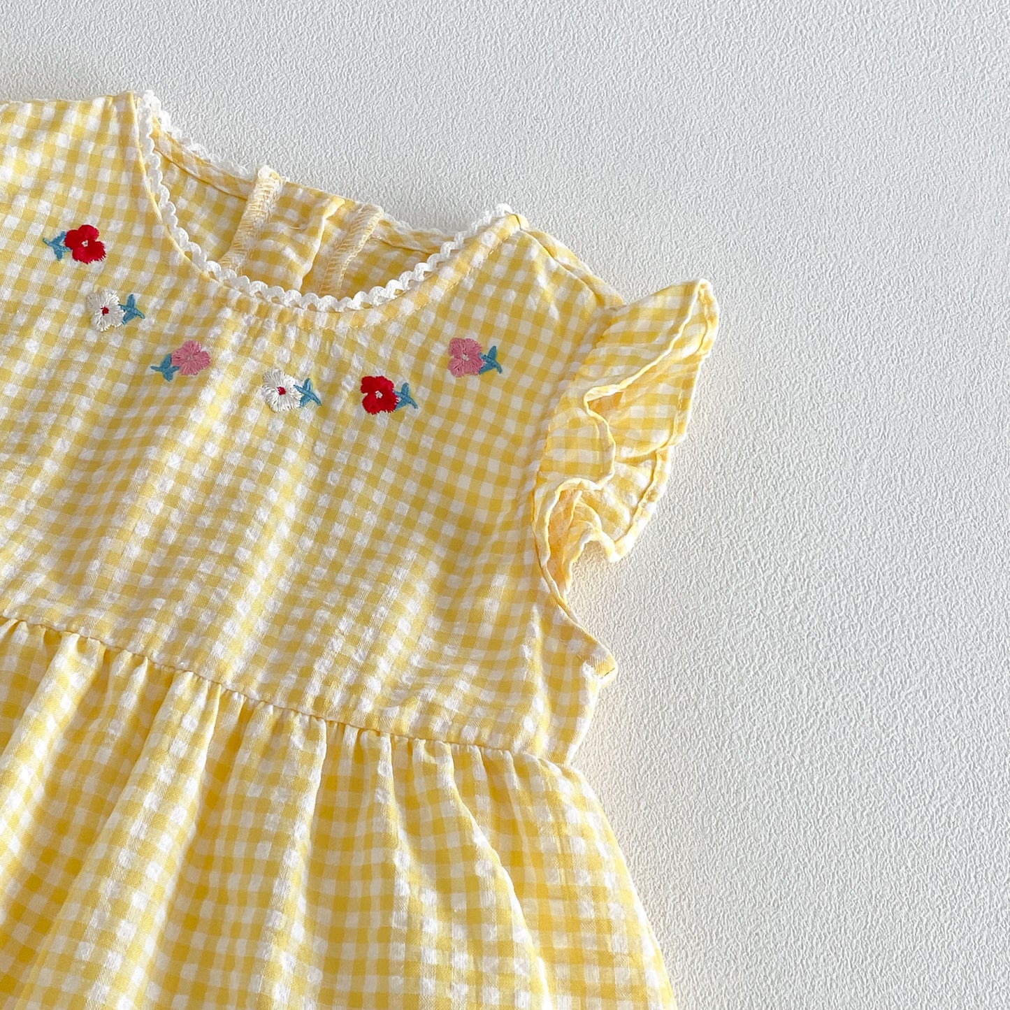 Design Summer Baby Kids Girls Fly Sleeves Plaid and Cartoon Pattern Bodysuit Dress