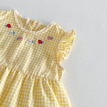 Design Summer Baby Kids Girls Fly Sleeves Plaid and Cartoon Pattern Bodysuit Dress