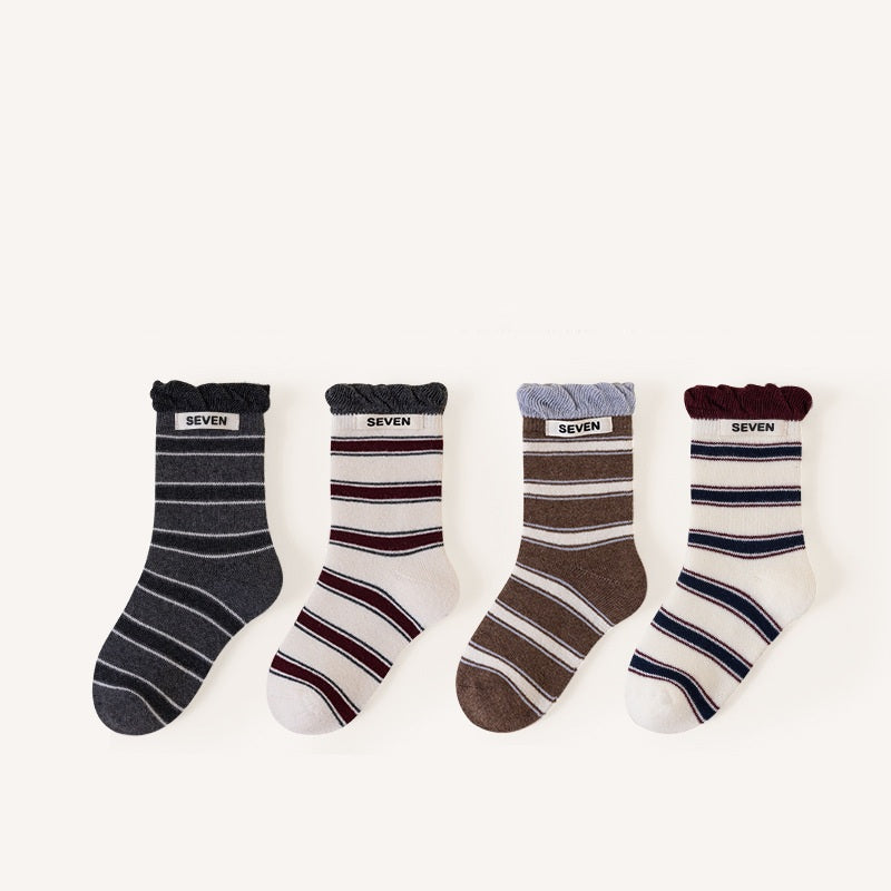 Autumn and Winter Arrival Baby Unisex Breathable Striped/Dots Pattern Socks 1 Lot=4-Pair Set, MyKids-USA®, Baby & Toddler Socks & Tights, MyKids-USA - Size/Age - M (3-5Y) - Color - Black -  -  - TR2601081240-B.