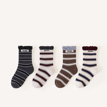Autumn and Winter Arrival Baby Unisex Breathable Striped/Dots Pattern Socks 1 Lot=4-Pair Set, MyKids-USA®, Baby & Toddler Socks & Tights, MyKids-USA - Size/Age - M (3-5Y) - Color - Black -  -  - TR2601081240-B.