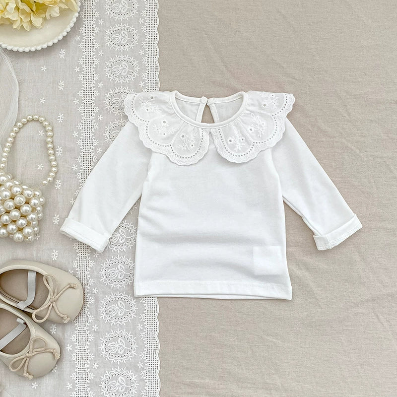 Autumn Arrival Baby Unisex Casual Thin White Long Sleeves Top with Flowers Pattern Collar, MyKids-USA®, Baby & Toddler Tops, MyKids-USA -  -  -  -  -  -  - 