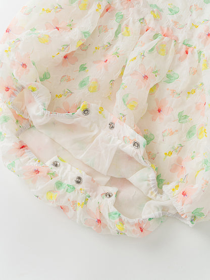Summer New Arrival Baby Girls Colorful Floral Pattern Short Puff Sleeves Square Neck Sweet Cute Onesies
