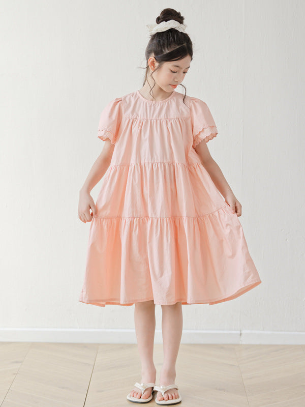 Summer Arrival Short Sleeves Pink Solid Color Dress for Stylish Girls
