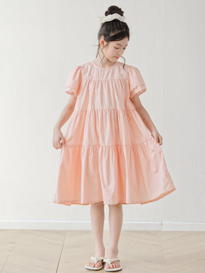 Summer Arrival Short Sleeves Pink Solid Color Dress for Stylish Girls
