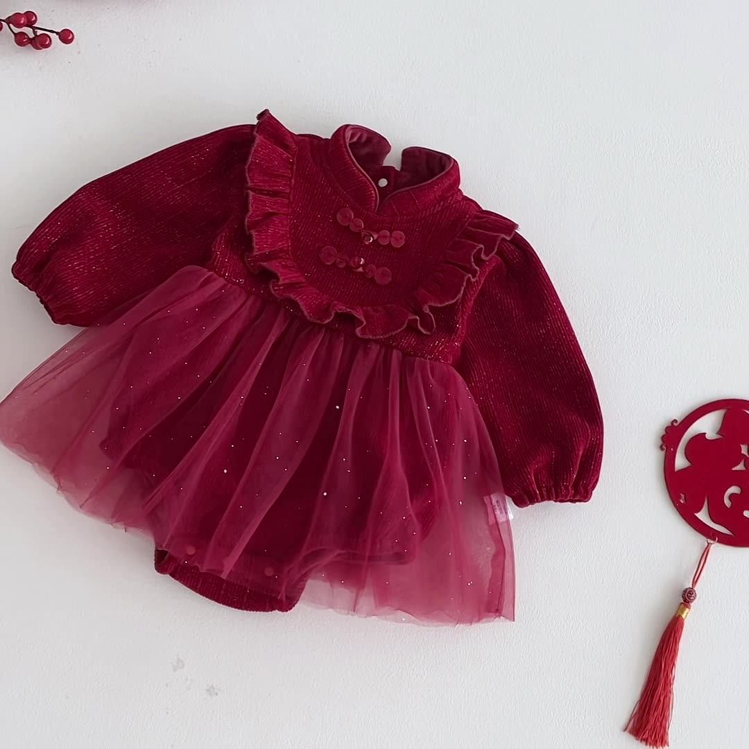 Winter Arrival Baby Girls Long Sleeves Red Solid Color Tulle Patchwork Onesies