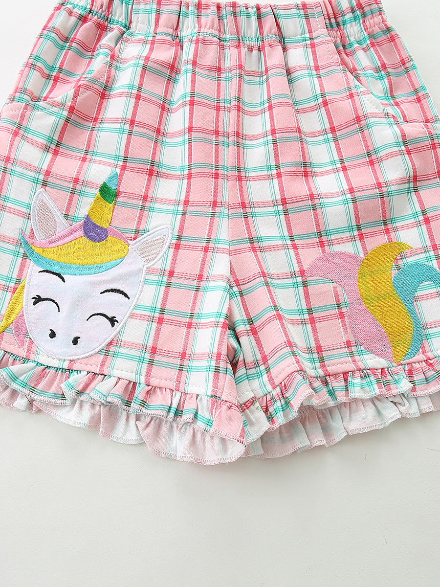Arrival Summer Baby Kids Girls Fly Sleeves Cartoon Pattern Vest and Plaid Shorts Clothing Set