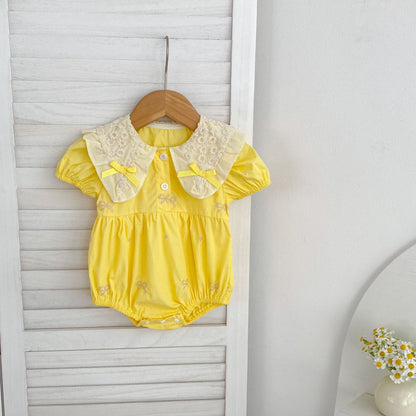 Summer Baby Girls French-style Butterfly-Bows Embroidery Pattern Short Sleeves Onesies, MyKids-USA®, Baby One-Pieces, MyKids-USA - Size/Age - 66 (3-6M) - Color - Yellow -  -  - TR2503242205-E