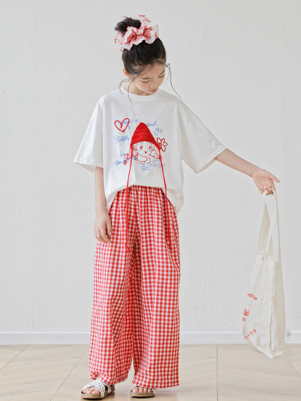 Arrival Summer Baby Kids Girls Short Sleeves Cartoon Pattern T-Shirt and Plaid Pants Sets