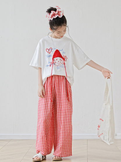 Arrival Summer Baby Kids Girls Short Sleeves Cartoon Pattern T-Shirt and Plaid Pants Sets