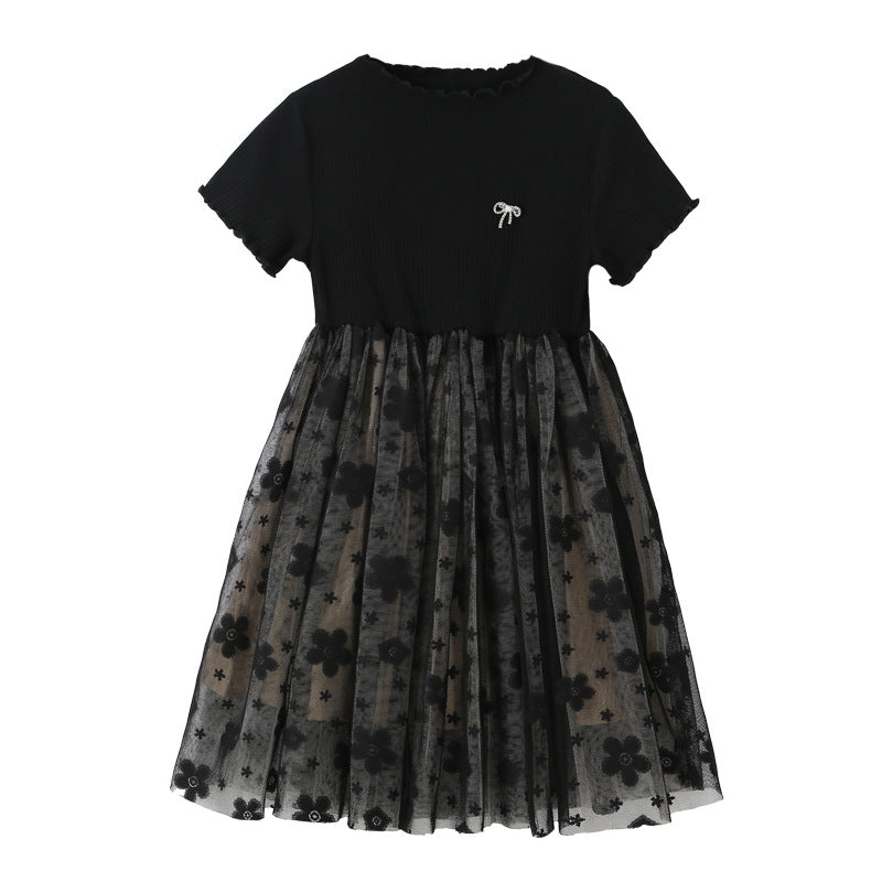 Solid Black Short Sleeve Mesh Dress For Children Girl 150 (10-12Y) / Black Solid Black Short Sleeve Mesh Dress For Children Girl 150 (10-12Y) / Black
